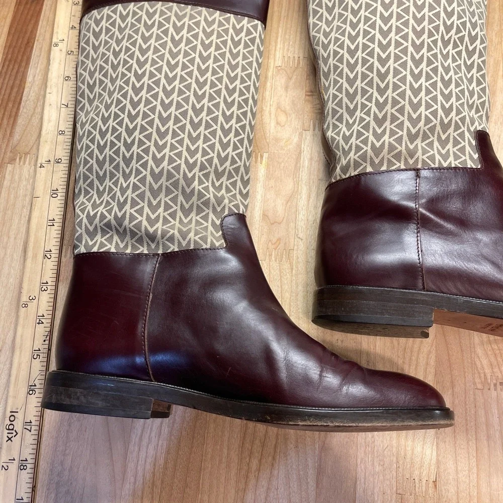 Michael Kors Burgundy Leather Monogram Riding Boots Womens 7 M Made in Italy